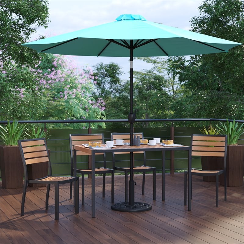 Flash Furniture 7 Piece Aluminum Patio Dining Set with Umbrella and Base in Blue