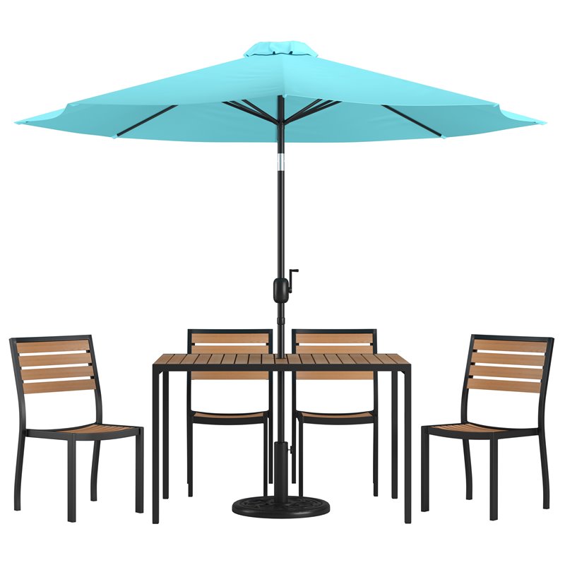Flash Furniture 7 Piece Aluminum Patio Dining Set with Umbrella and Base in Blue
