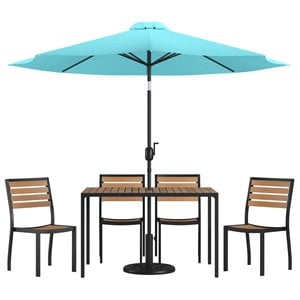 Flash Furniture 7 Piece Aluminum Patio Dining Set with Umbrella and Base in Blue