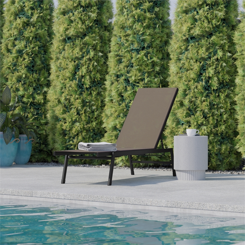 Flash Furniture Brazos Metal Chaise Lounge Chair with Arms in Black/Brown
