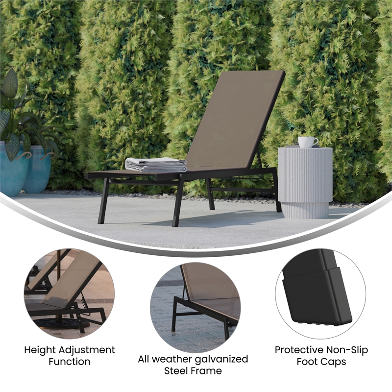 Flash Furniture Brazos Metal Chaise Lounge Chair with Arms in Black/Brown