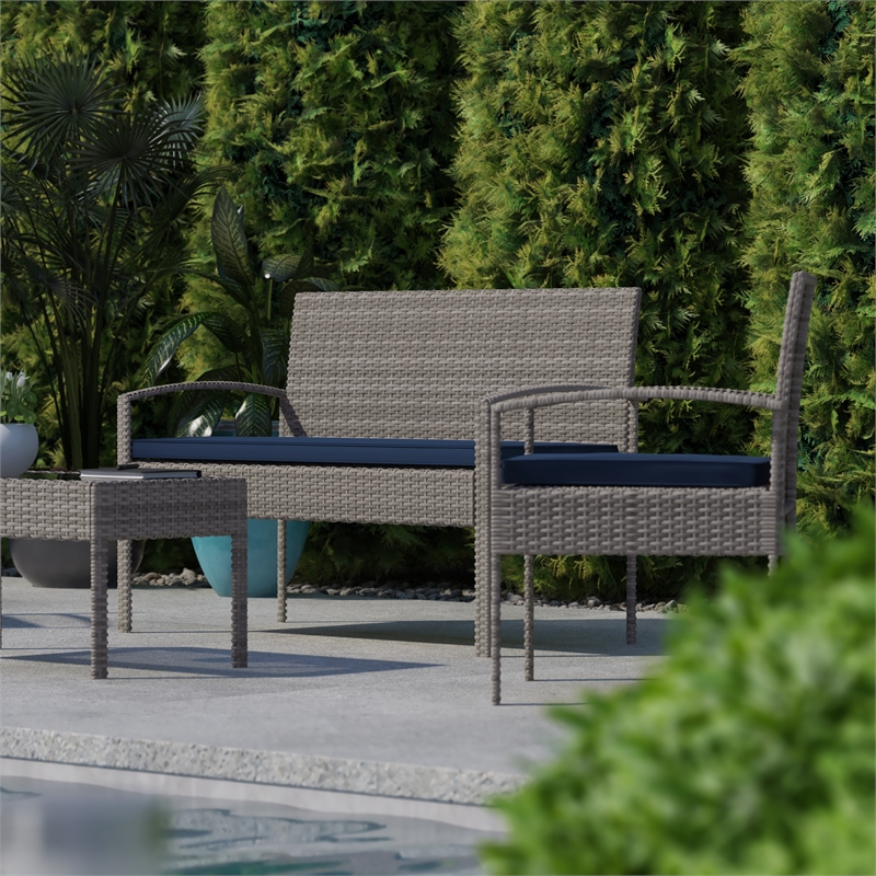 Flash Furniture Aransas 4-Piece Plastic Patio Set with Cushion in Gray/Navy