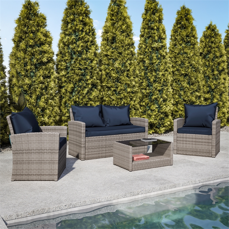 Flash Furniture Aransas 4-Piece Plastic Patio Set in Light Gray/Navy