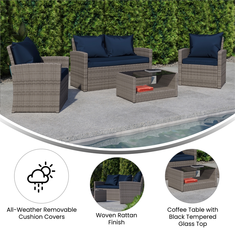 Flash Furniture Aransas 4-Piece Plastic Patio Set in Light Gray/Navy