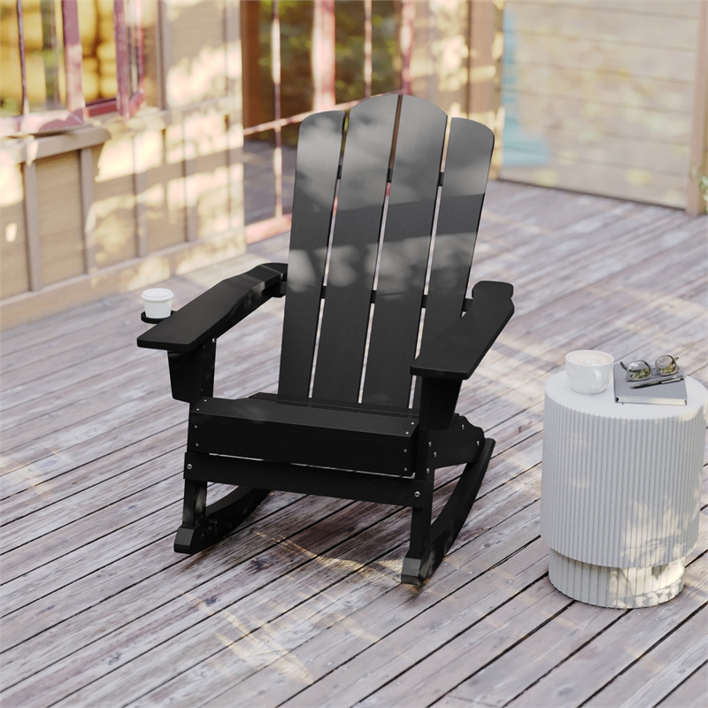 Flash Furniture Halifax Plastic Rocking Adirondack Chair with Cupholder in Black