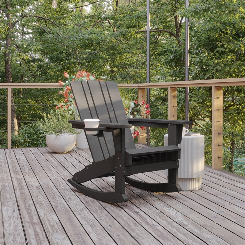 Flash Furniture Halifax Plastic Rocking Adirondack Chair with Cupholder in Gray