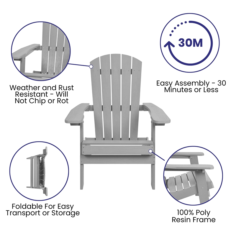Flash Furniture Charlestown Plastic Folding Adirondack Chairs in Gray (Set of 2)