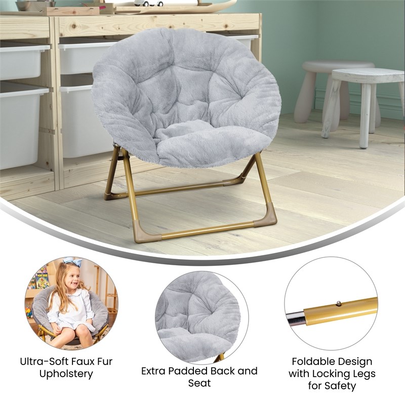Flash Furniture Gwen Fabric Kids Folding Saucer Chair in Gray/Soft Gold