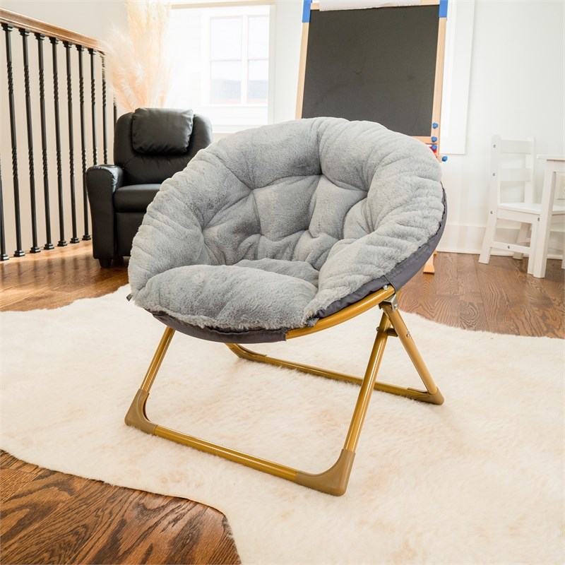 Flash Furniture Gwen Fabric Kids Folding Saucer Chair in Gray/Soft Gold
