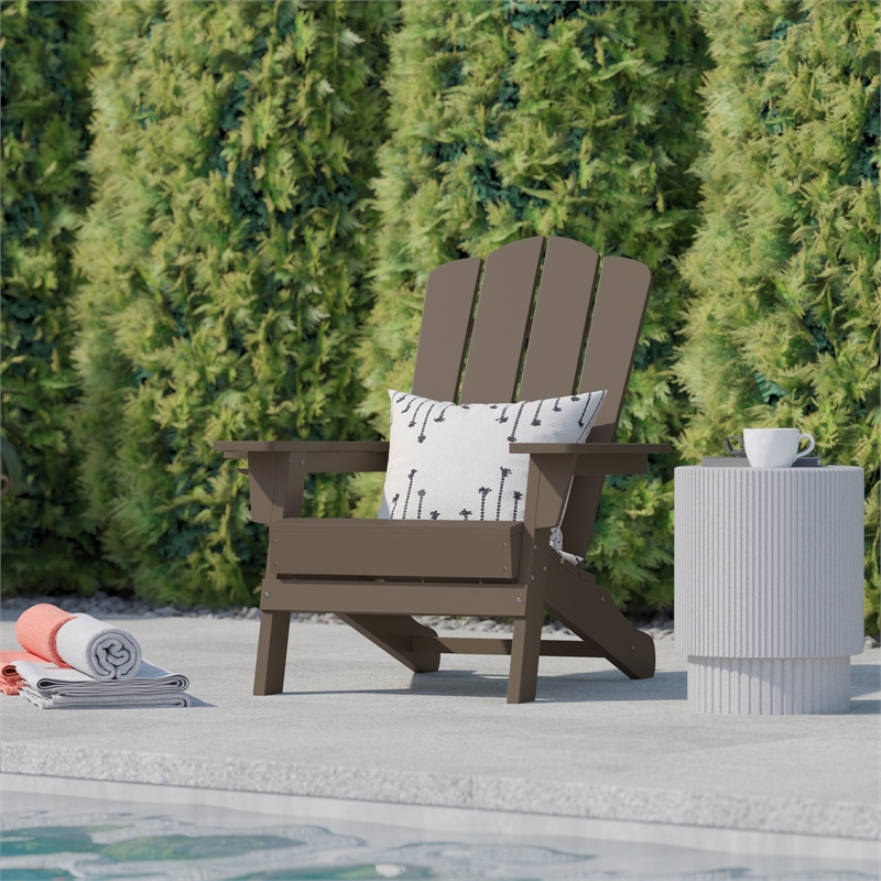 Flash Furniture Newport Plastic Adirondack Chair w/ Swiveling Cupholder in Brown