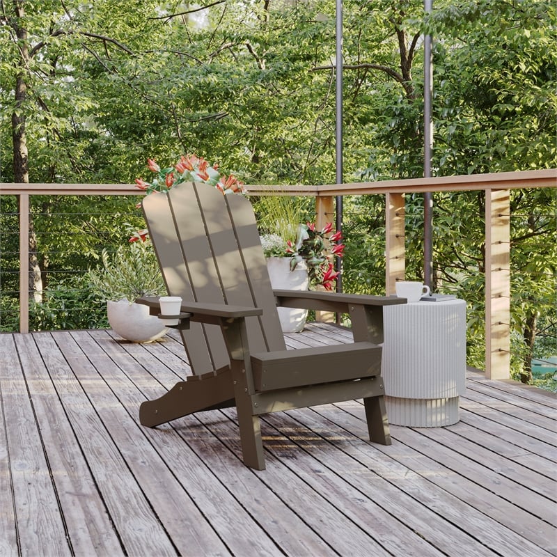 Flash Furniture Newport Plastic Adirondack Chair w/ Swiveling Cupholder in Brown