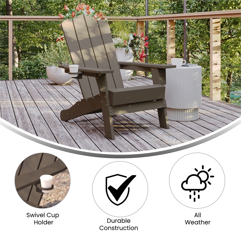 Flash Furniture Newport Plastic Adirondack Chair w/ Swiveling Cupholder in Brown