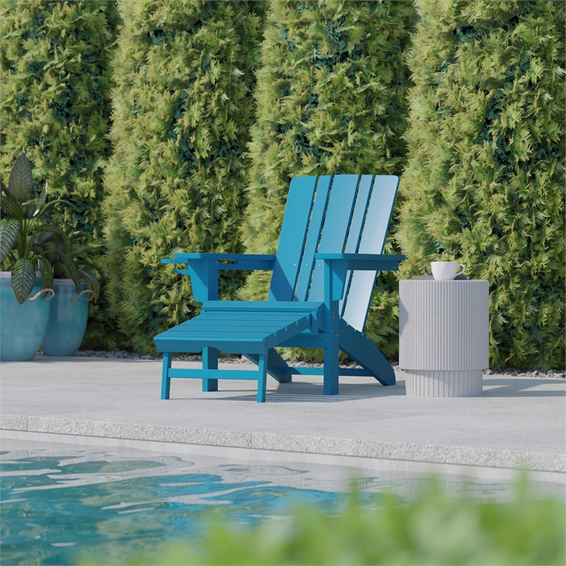 Flash Furniture Halifax Plastic Adirondack Chair with Pullout Ottoman in Blue
