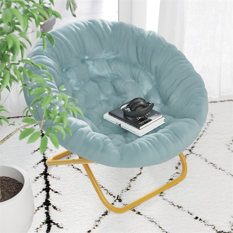 Flash Furniture Gwen XL Fabric Folding Saucer Chair in Dusty Aqua Blue/Soft Gold