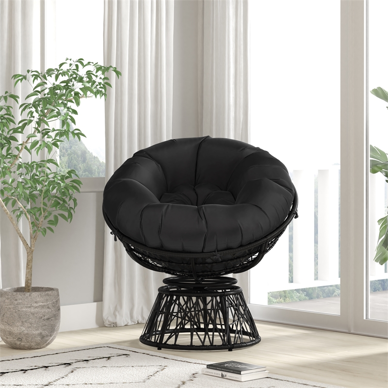 Flash Furniture Wicker / Rattan Swivel Patio Lounge Chair in Black