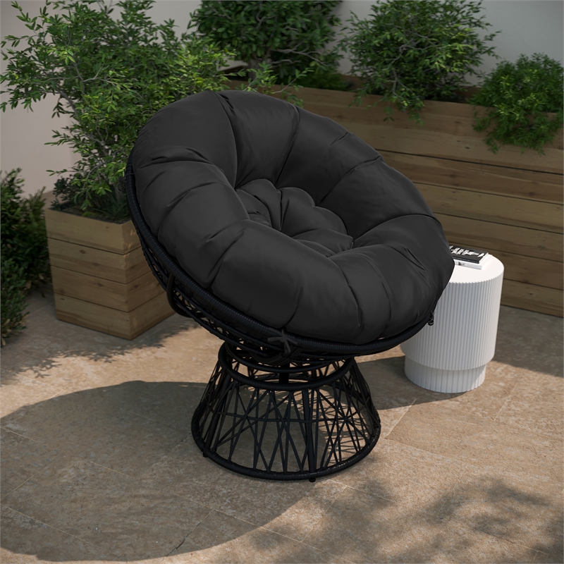 Flash Furniture Wicker / Rattan Swivel Patio Lounge Chair in Black