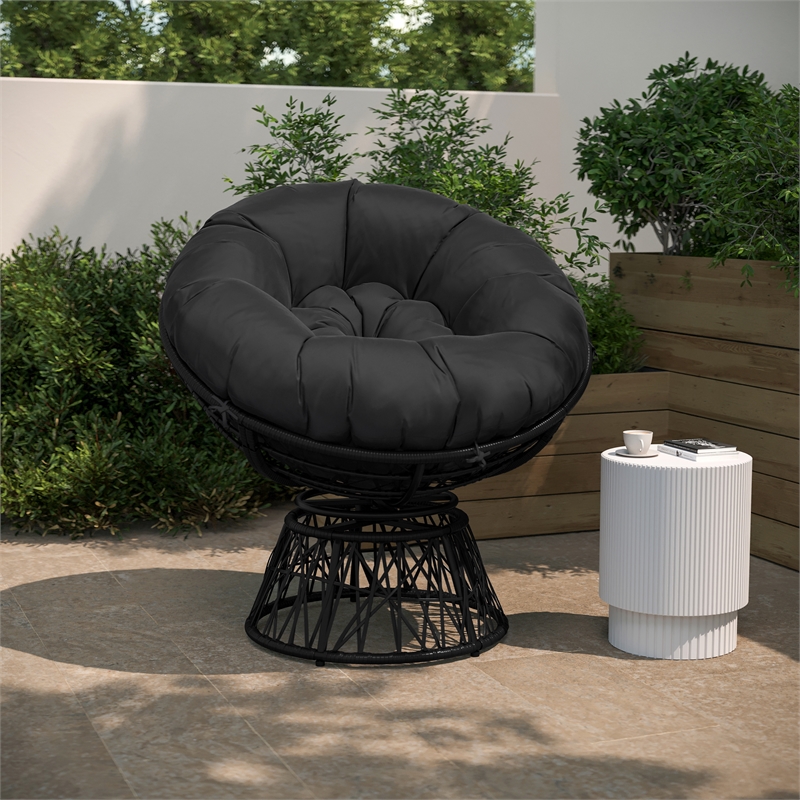 Flash Furniture Wicker / Rattan Swivel Patio Lounge Chair in Black