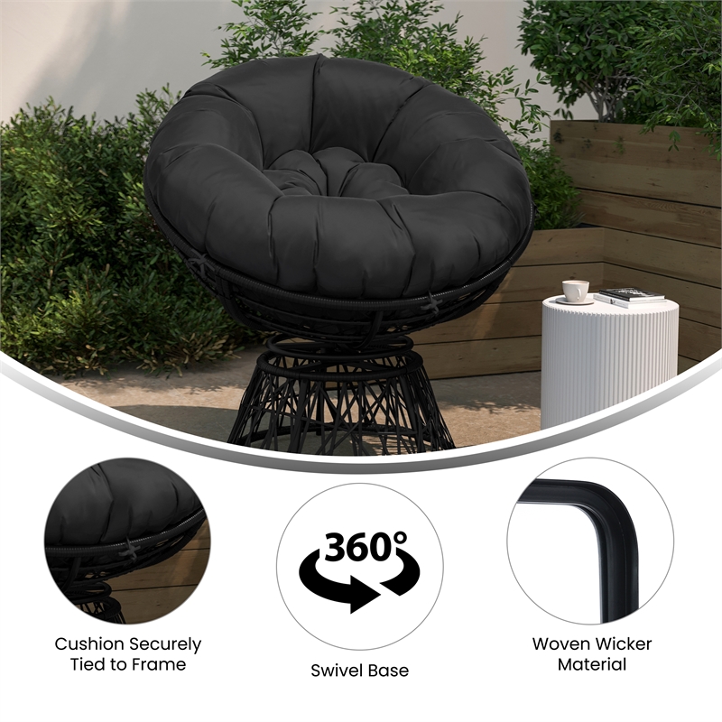 Flash Furniture Wicker / Rattan Swivel Patio Lounge Chair in Black