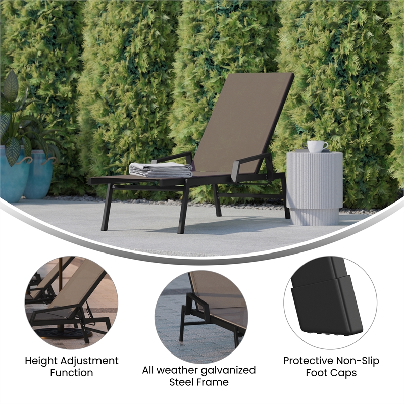 Flash Furniture Brazos Metal Chaise Lounge Chair with Arms in Brown/Black