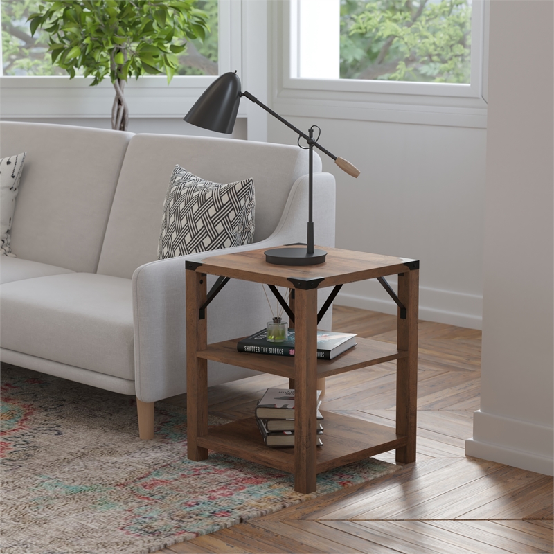 Flash Furniture Wyatt 3-Tier Engineered Wood Side Table in Rustic Oak