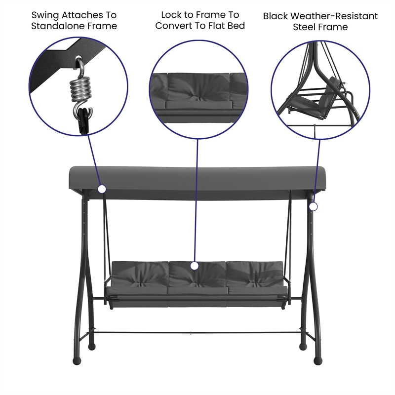 Flash Furniture Tellis 3-Seat Metal Patio Swing & Bed Canopy Hammock in Gray