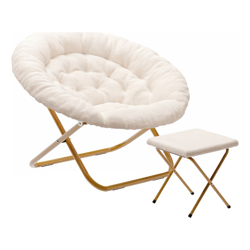Folding XL Faux Shearling Saucer Chair with Ottoman - Ivory/Soft Gold