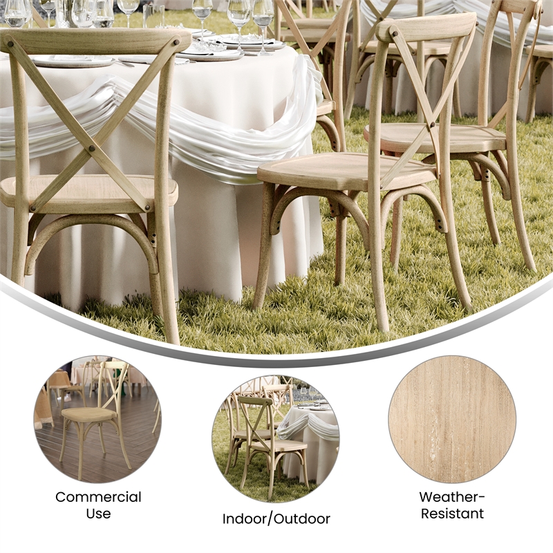 Indoor/Outdoor Commercial Grade Wood Look Resin Cross Back Chair in Light Oak