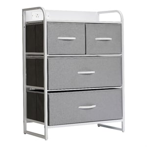 4 Fabric Drawer Nightstand with 2 USB Port/1 Outlet Charging Station in Gray/Wht