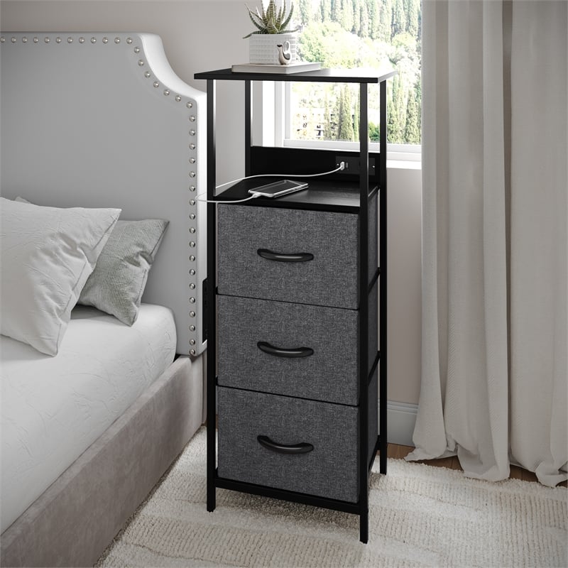 3 Fabric Drawer Nightstand with 2 USB Port/1 Outlet Charging Station in Charc/Bk