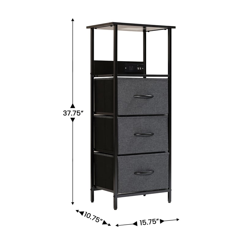 3 Fabric Drawer Nightstand with 2 USB Port/1 Outlet Charging Station in Charc/Bk