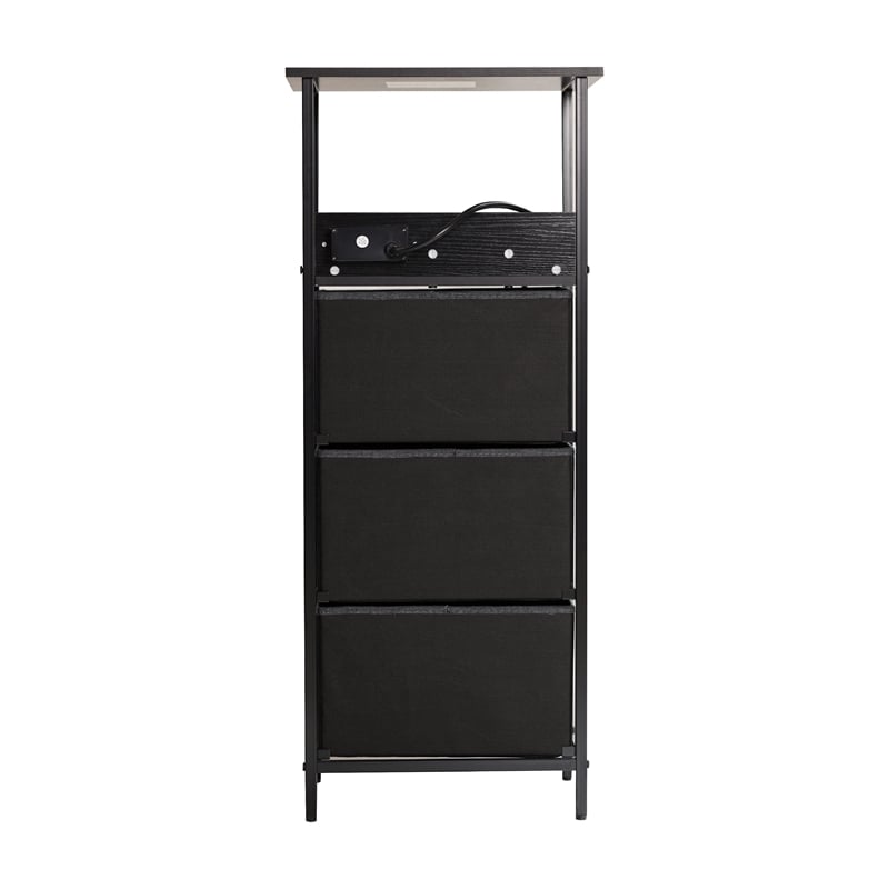 3 Fabric Drawer Nightstand with 2 USB Port/1 Outlet Charging Station in Charc/Bk