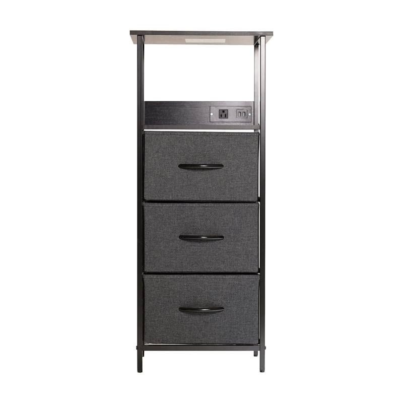 3 Fabric Drawer Nightstand with 2 USB Port/1 Outlet Charging Station in Charc/Bk