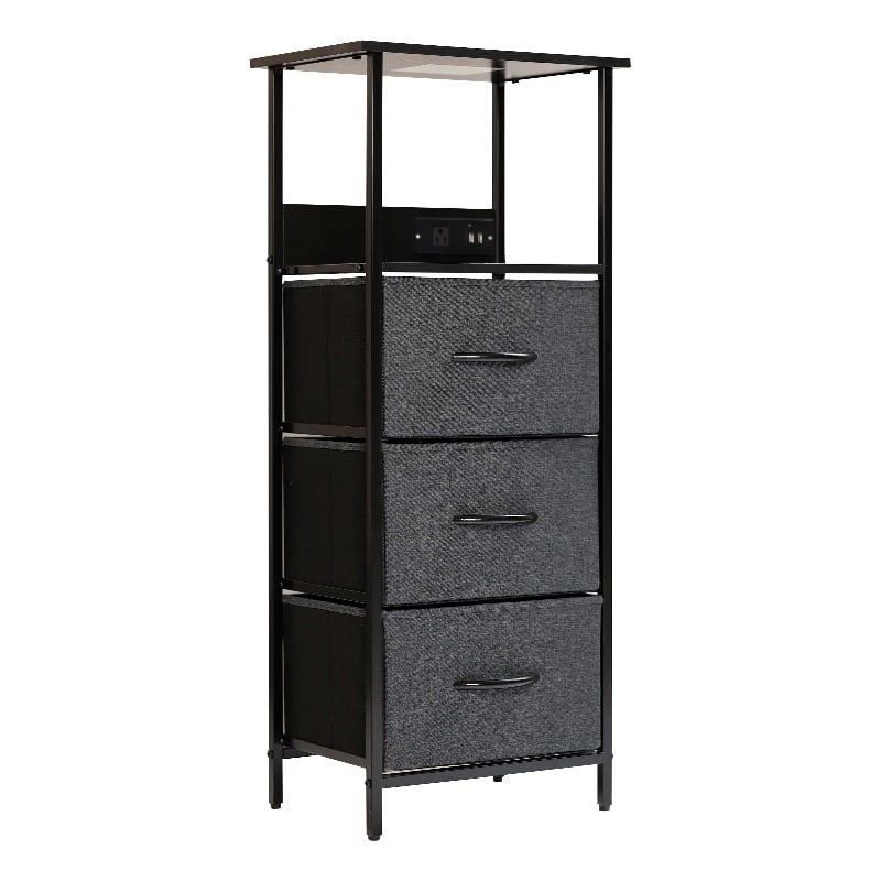 3 Fabric Drawer Nightstand with 2 USB Port/1 Outlet Charging Station in Charc/Bk