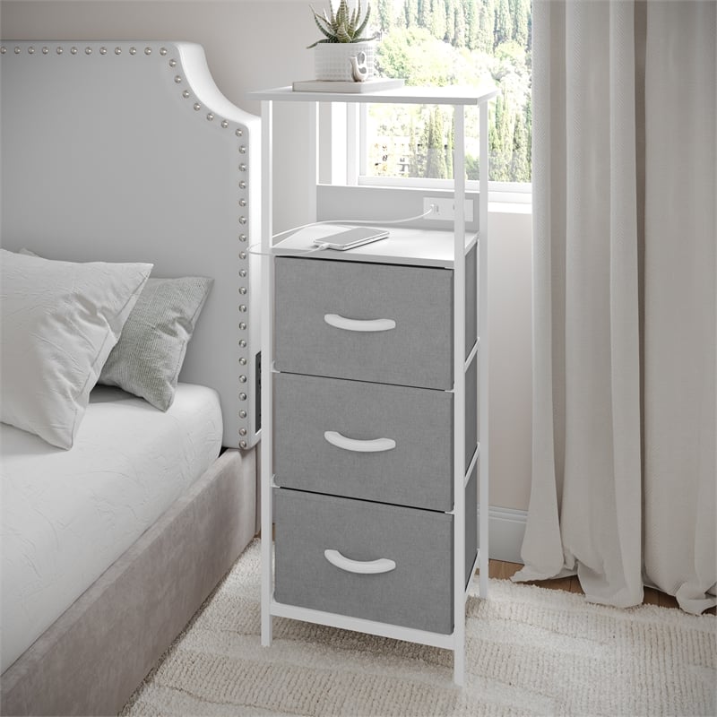 3 Fabric Drawer Nightstand with 2 USB Port/1 Outlet Charging Station in Gray/Wht