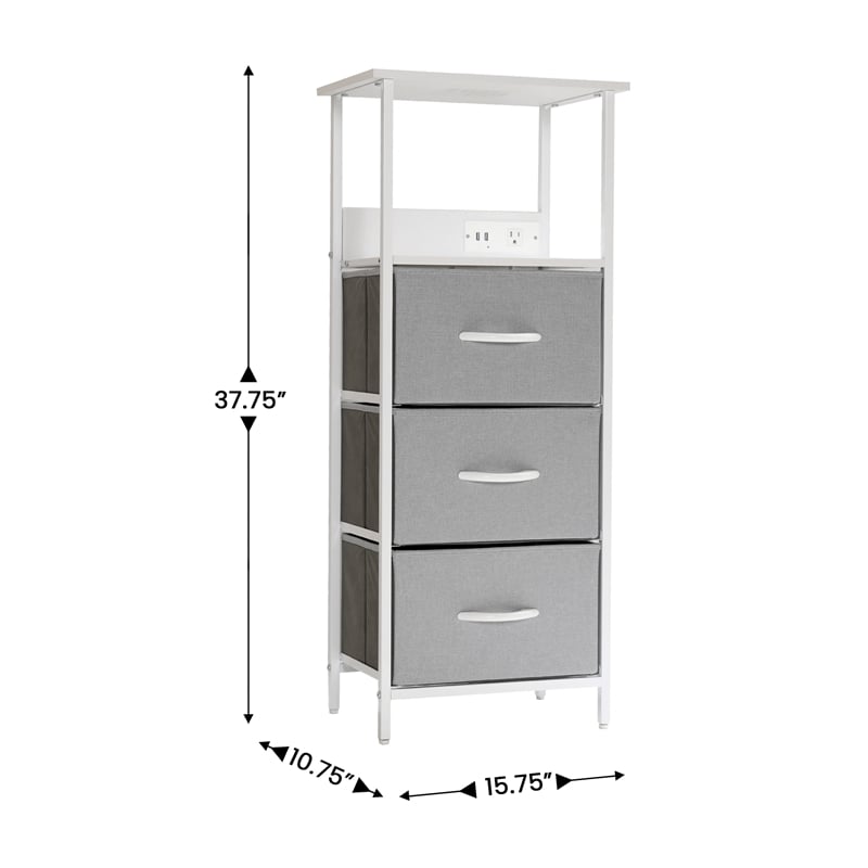 3 Fabric Drawer Nightstand with 2 USB Port/1 Outlet Charging Station in Gray/Wht