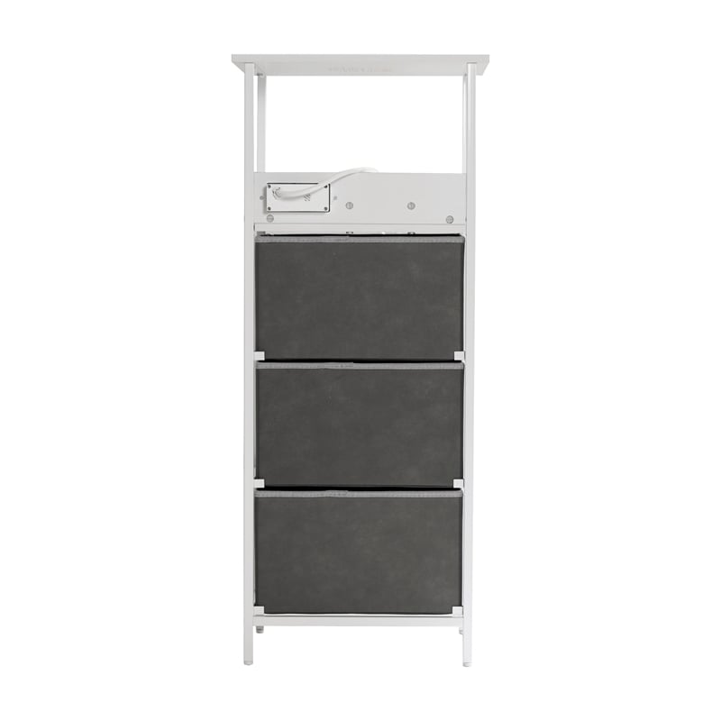 3 Fabric Drawer Nightstand with 2 USB Port/1 Outlet Charging Station in Gray/Wht