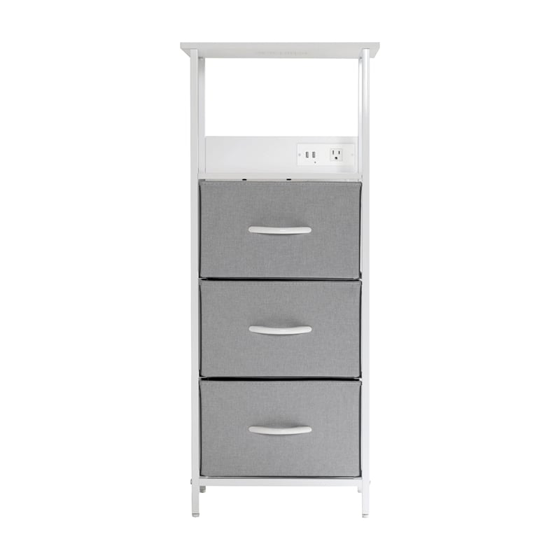 3 Fabric Drawer Nightstand with 2 USB Port/1 Outlet Charging Station in Gray/Wht