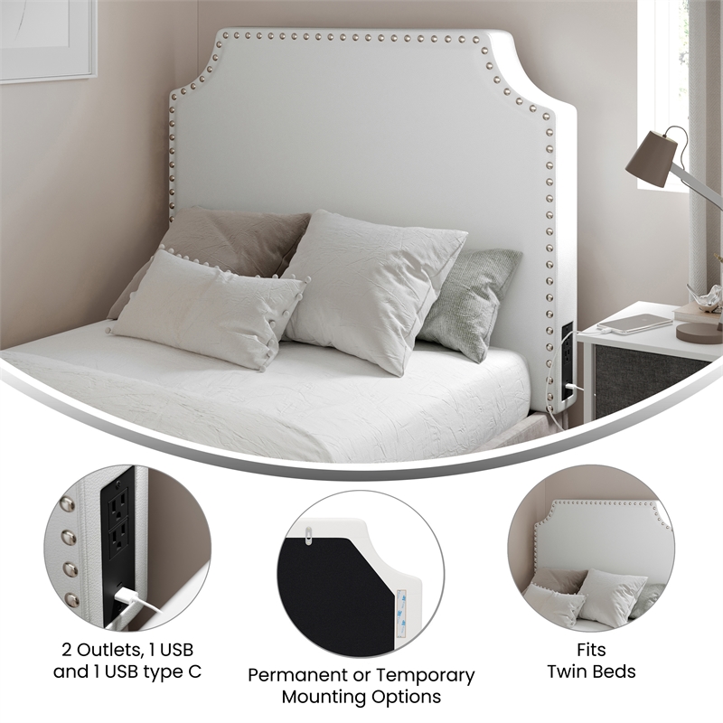 Contoured Twin Headboard with 2 Power Outlets 1 USB and 1 USB-C Port in White