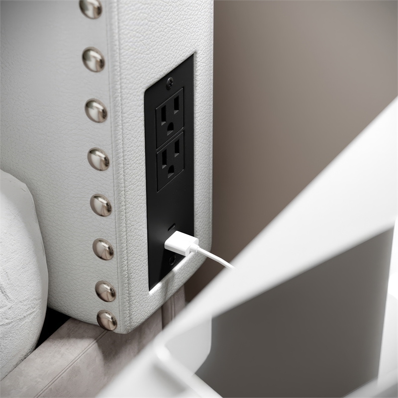 Contoured Twin Headboard with 2 Power Outlets 1 USB and 1 USB-C Port in White