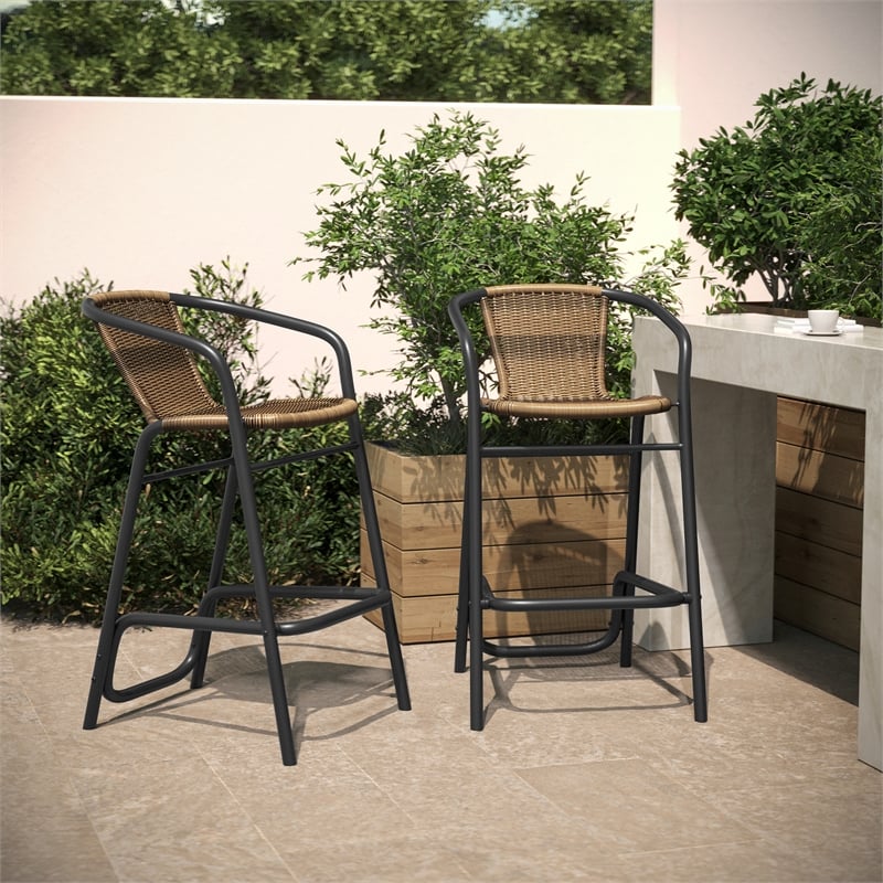 Commercial Indoor-Outdoor Rattan Restaurant Barstool Medium Brown/Black-Set of 2