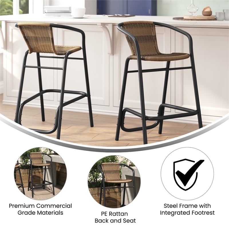 Commercial Indoor-Outdoor Rattan Restaurant Barstool Medium Brown/Black-Set of 2