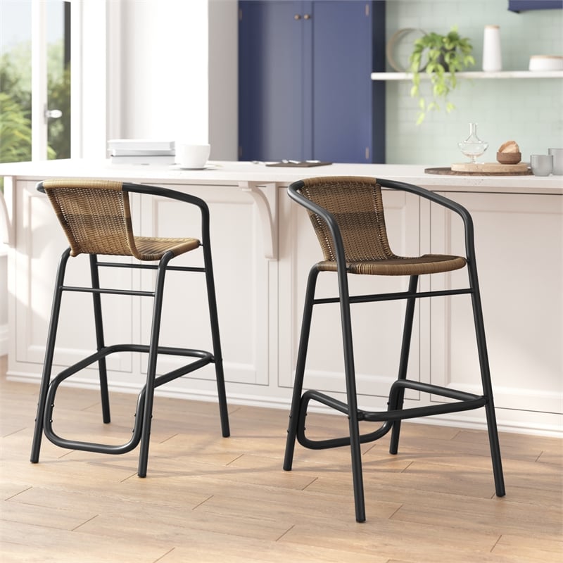 Commercial Indoor-Outdoor Rattan Restaurant Barstool Medium Brown/Black-Set of 2