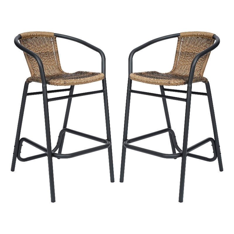 Commercial Indoor-Outdoor Rattan Restaurant Barstool Medium Brown/Black-Set of 2