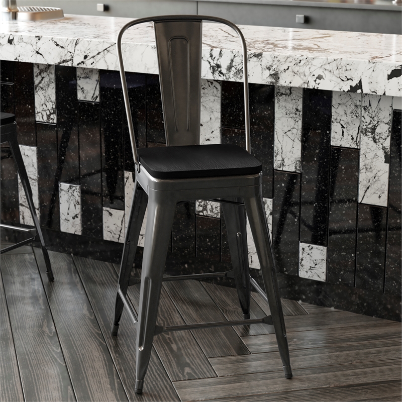 All-Weather Commercial Counter Stool with Removable Back/Poly Seat-Black/Black