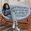 Folding Faux Fur Double Saucer Chair with Steel Frame - Dusty Aqua/Soft Gold