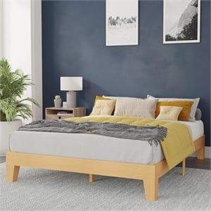 Wood Platform Bed with 14 Wooden Support Slats in Natural Pine - Queen