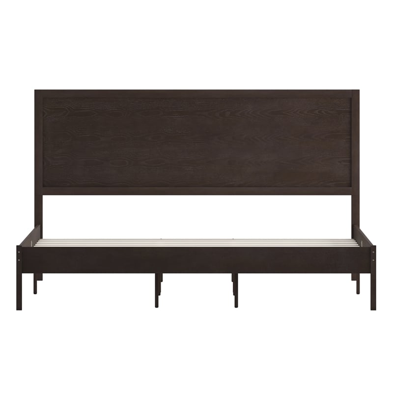 Solid Wood Platform Bed with Headboard and Wooden Slats in Dark Brown - King