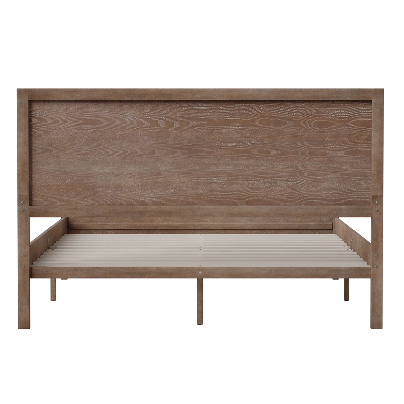 Solid Wood Platform Bed with Headboard and Wooden Slats in Light Brown - Queen