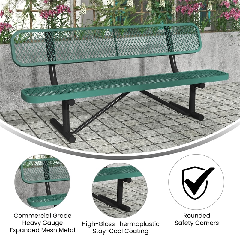 Commercial Grade 6' Expanded Mesh Metal Outdoor Bench with Backrest in Green