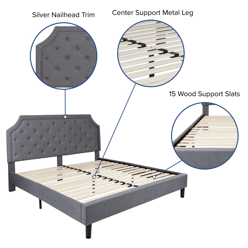 King Tufted Platform Bed in Light Gray Fabric with 10in. Pocket Spring Mattress